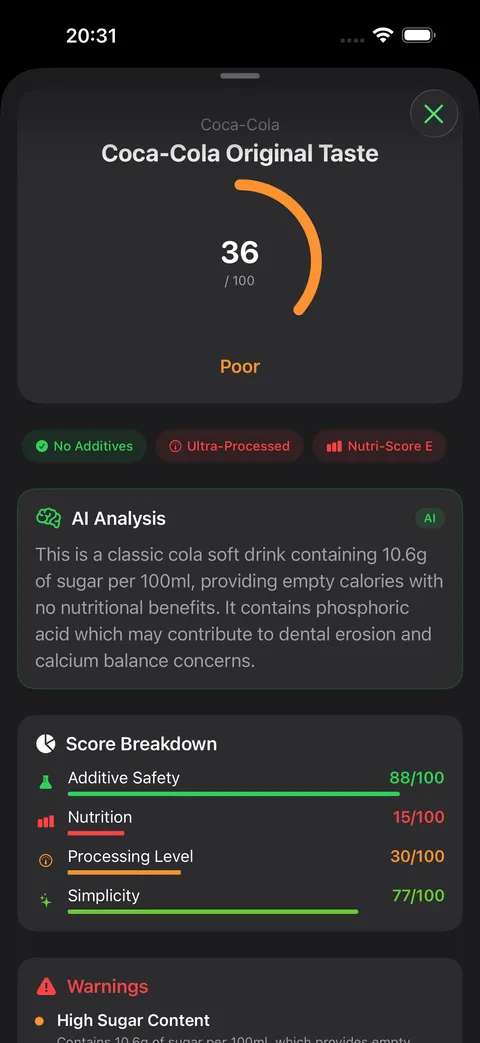 FoodLens app showing a product health score