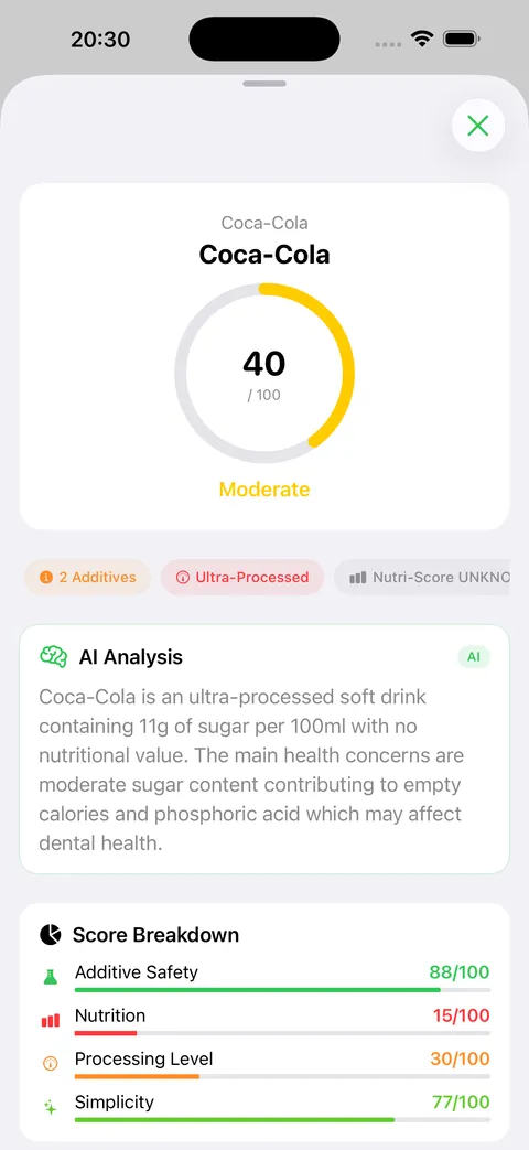 FoodLens app showing a product health score